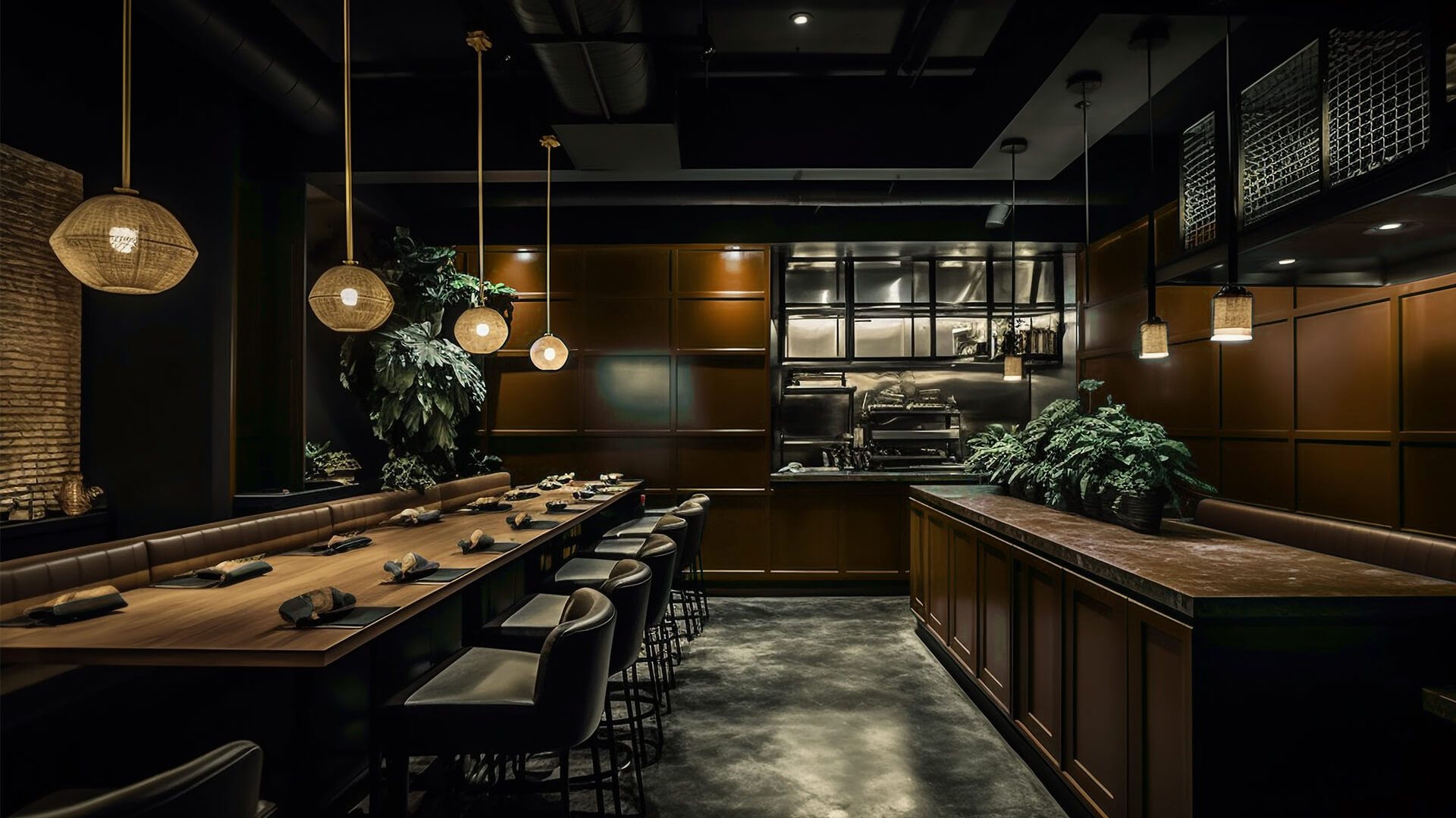 restaurant with green wall wooden table with row tables planter with plant background